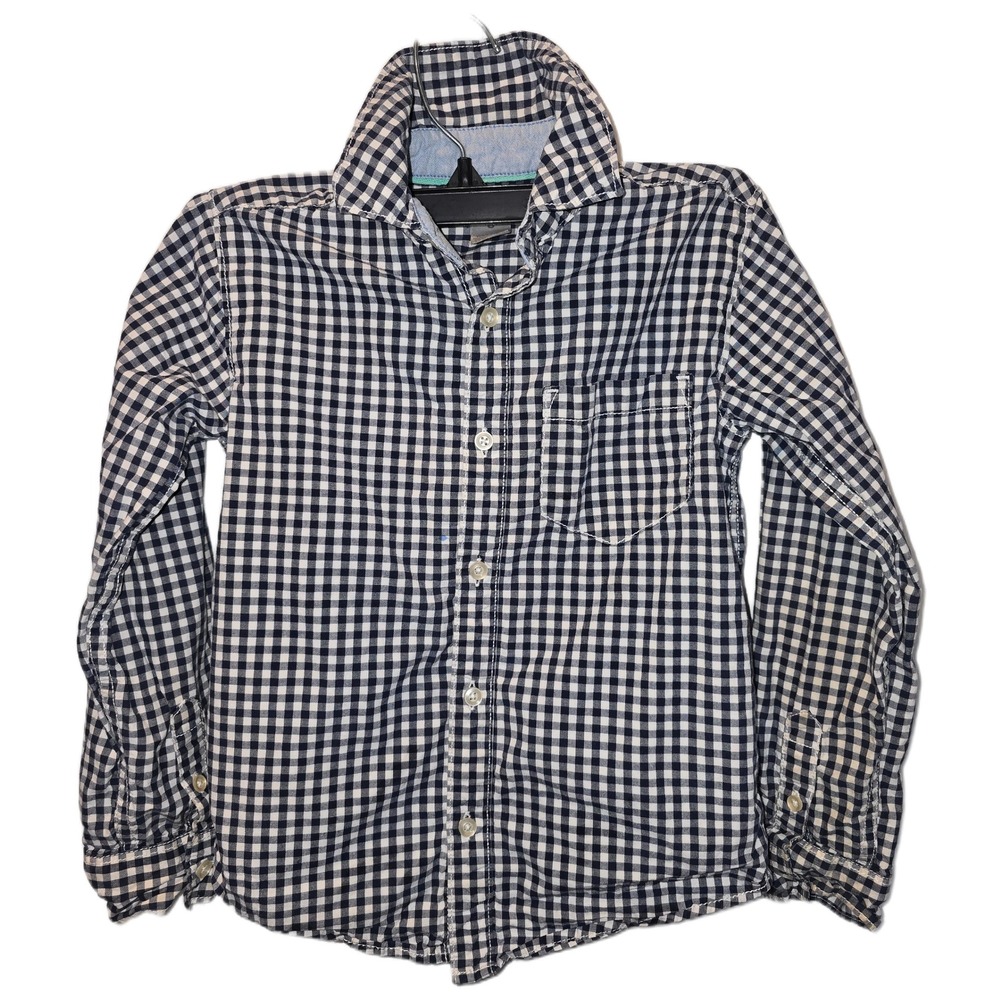 Carters Boys Navy Blue White Gingham Check Button Down Shirt Size 6 Long Sleeve